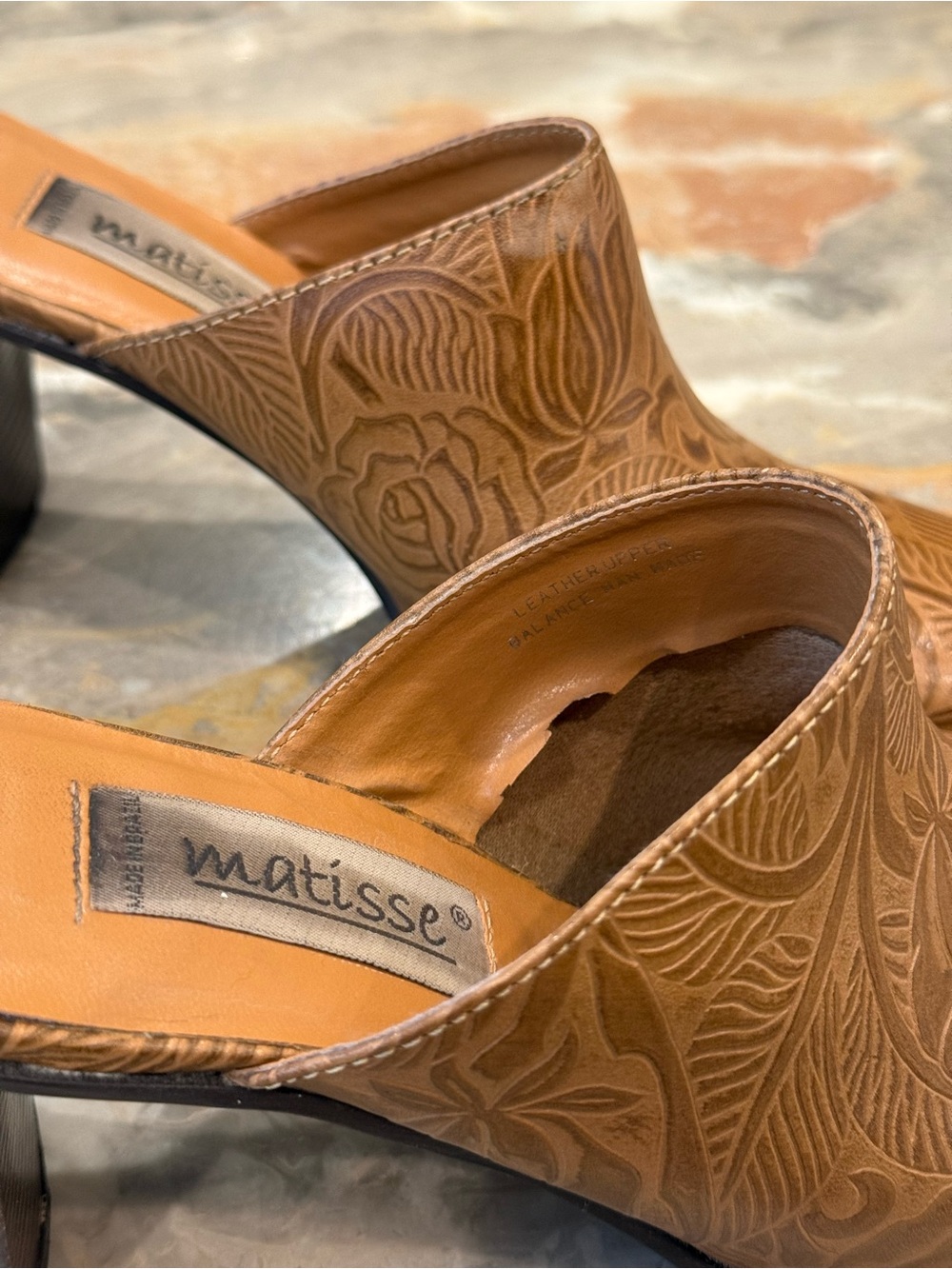 Vintage Matisse Cognac Tooled Leather Square Toe Mule Heels Size 8 Boho Western - Picture 7 of 9